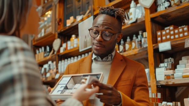 Young Extravagant Cosmetics Salesman Showing Product to New Buyer