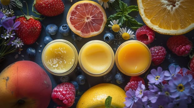 Beeswax lip balms are handmade in a variety of flavors, decorated with fresh fruits and flowers on a dark background.