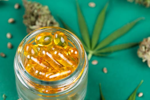 Oil cbd, cannabis and hemp leaves, medical marijuana concept
