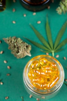 Capsules on cbd oil, Medical marijuana concept