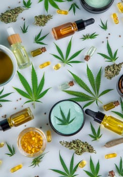 Cannabis hemp oil bottle with hemp seeds, hemp leaf, cannabis oil and marijuana