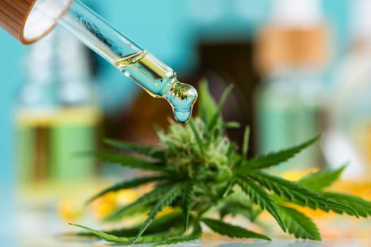 Set of essential oil cbd in a glass bottle, with a pipette, marijuana concept