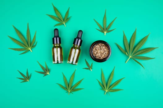 Cbd cannabis hemp buds, marijuana and cannabis leaves, medical cannabis concept