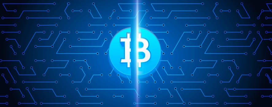 Bitcoin Halving. Blue coin on glitched background
