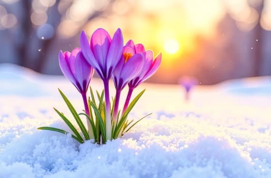The first spring crocuses break through the winter snow. Transition from winter to spring.