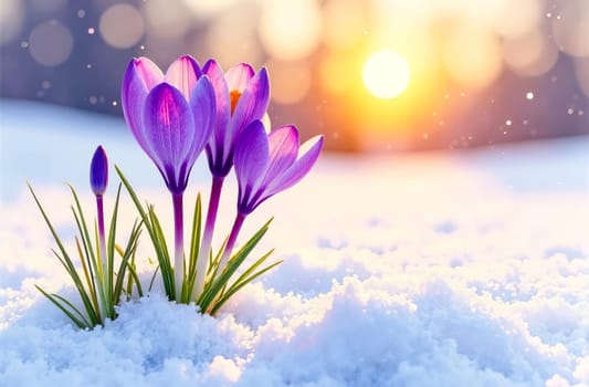 The first spring crocuses break through the winter snow. Transition from winter to spring.