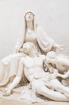 Possagno, Italy - August 2022: Antonio Canova sculpture,  Lamentation over the Dead Christ - 1822
