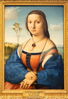Florence, Italy - June 2022: Portrait of Maddalena Doni, 1506, by Raffaello Sanzio. Raphael - Renaissance painting masterpiece
