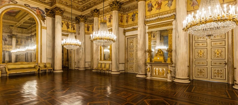 Turin, Italy - Circa January 2022: romantic old ballroom interior in Royal Palace, 1842
