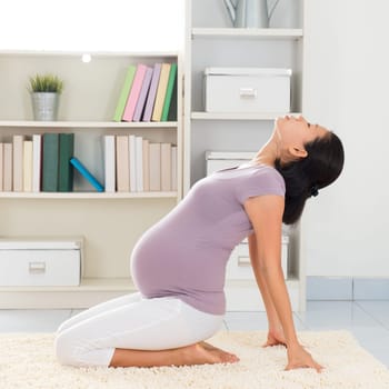 Pregnancy yoga meditation. Full length healthy 8 months pregnant calm Asian woman meditating or doing yoga exercise at home. Relaxation yoga sitting back bending positions.