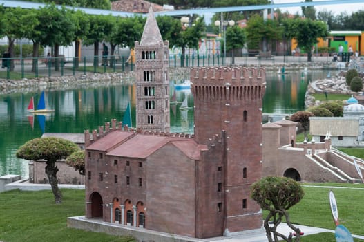 Viserba, Italy - June 25, 2024: Pomposa Abbey in Ferrara at Theme park Italy in Miniature or Italia in Miniatura in Rimini, Italy - Reproduction of famous attractions in a small scale