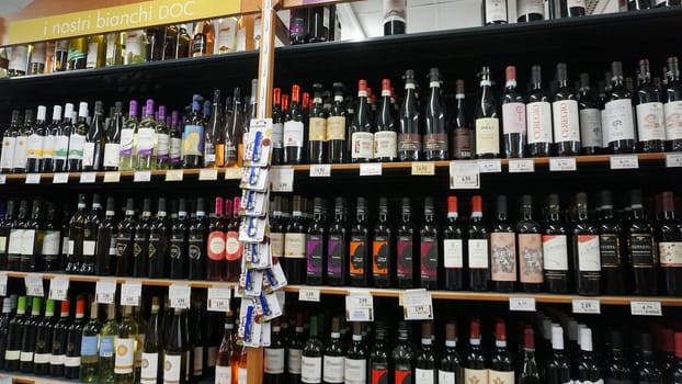 Rimini, Italy - June 25, 2024: Interior of a wine shop in Conad Supermarket - Discover the Exquisite Wine Section