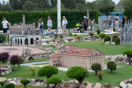Viserba, Italy - June 25, 2024: People going at Theme park Italy in Miniature or Italia in Miniatura in Rimini, Italy - Reproduction of famous attractions in a small scale