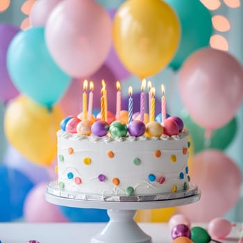 A vibrant birthday cake with lit candles stands against a backdrop of colorful balloons, creating a festive atmosphere
