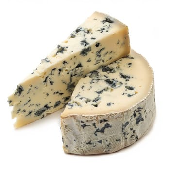Two wedges of blue cheese with mold on a white background