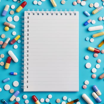 A spiral notebook surrounded by colorful pills rests on a blue background