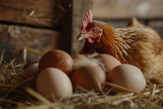 Hen in coop surrounded by eggs, gazing at camera