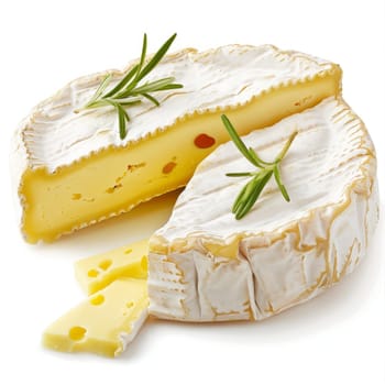 Two pieces of Camembert cheese with rosemary on a white background