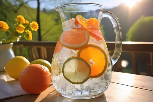 Close-up of a refreshing fruit-infused water pitcher with ice cubes and slices of citrus fruits on a table on a balcony or terrace in the sunlight