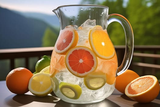 Close-up of a refreshing fruit-infused water pitcher with ice cubes and slices of citrus fruits.