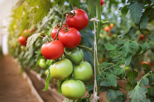 Ripe tomato plants growing in greenhouse. Fresh bunch of red and green natural tomatoes in organic vegetable garden.