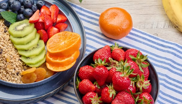 Granola with strawberries, kiwi, banana and blueberries in a round plate on a white table. Healthy and delicious food