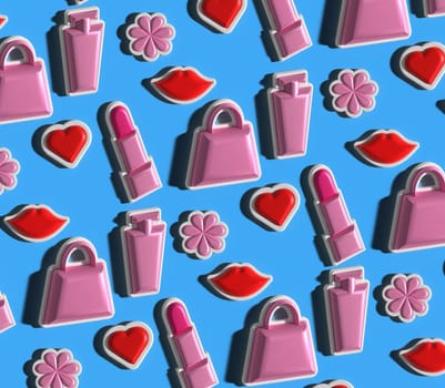 Handbag, lipstick, lips and pink flowers on a blue background, 3D rendering illustration