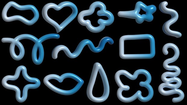 A set of various volumetric blue figures drawn by hand on a black background, 3D rendering illustration