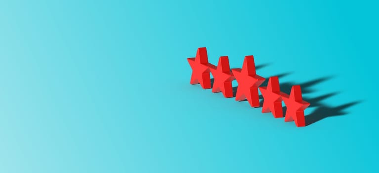 A set of volumetric stars with a shadow on a blue background, rating and review. 3D rendering illustration