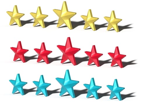 A set of volumetric stars with a shadow on an isolated background, rating and review. 3D rendering illustration