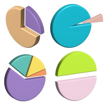 Round volumetric data charts on isolated background, 3D rendering illustration