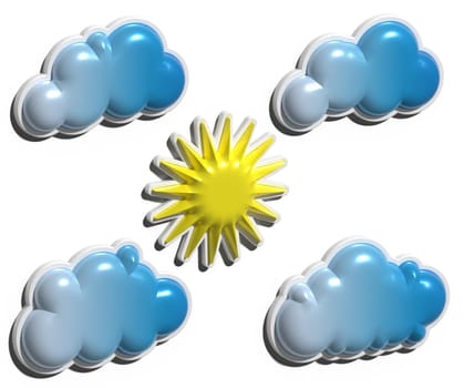 Blue volumetric clouds and yellow sun on an isolated background, 3D rendering illustration