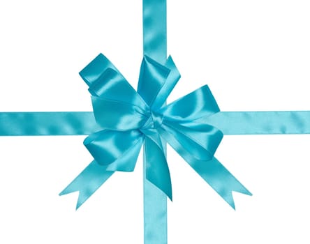 Blue ribbon with a cross and a bow on an isolated backgroun, top view