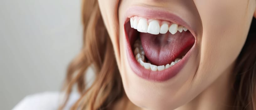 A woman's open mouth is shown, revealing white teeth and pink lips. The tongue is visible inside the mouth, and the woman appears to be shouting or singing loudly. The photo is close-up and focuses on the mouth and teeth, with the rest of the woman's face blurred.