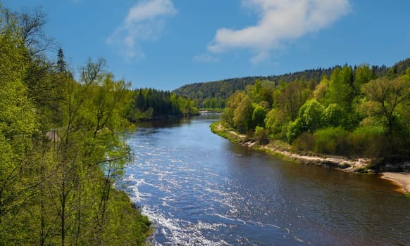 A river with a clear blue water and trees on both sides. The water is calm and peaceful