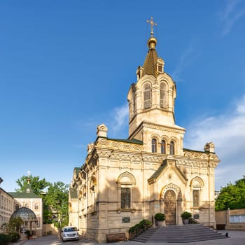 View of the Holy Myrrhbearers Cathedral in Baku, Azerbaijan, a Russian Orthodox Church with a traditional tower, dome and ornate facade