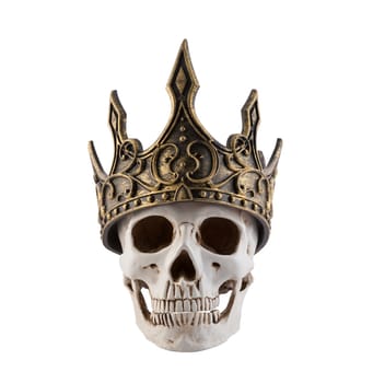 Human skull with ancient golden crown isolated on white background with clipping path