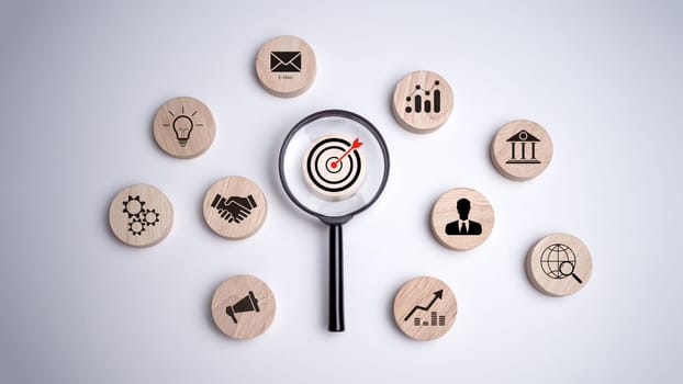 Magnifying glass focus to target icon which for planning development leadership and customer target group concept, Investment growth and success development, Achievement, Strategy, Finance concept.