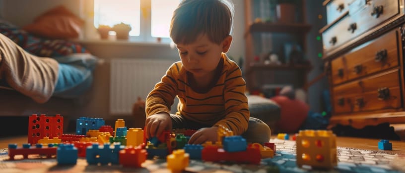 A young boy in a striped shirt plays with building bricks on the floor, basking in the warm glow of the room. His absorption in the activity showcases the simple joys of childhood