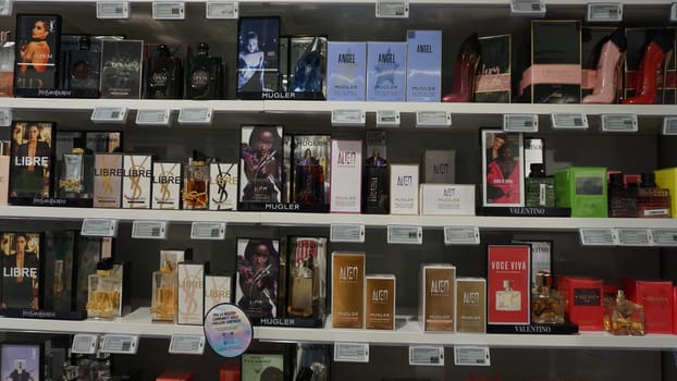 Rimini, Italy - June 25, 2024: Thierry Mugler Alien, Angel perfume on display for sale, fragrance created by Thierry Mugler, French fashion designer