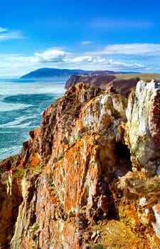 Coastal cliffs of Baikal, the beautiful nature of the shore of Baikal.