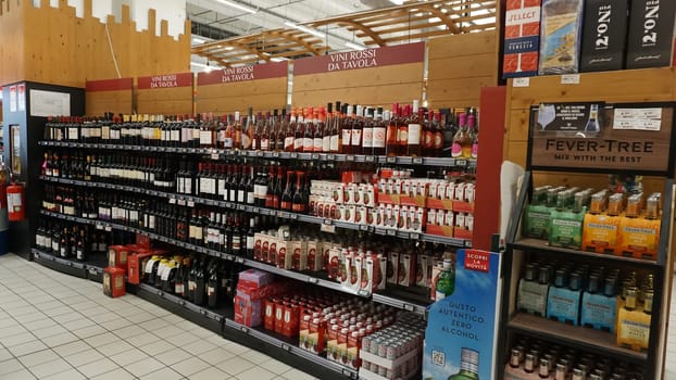 Rimini, Italy - June 25, 2024: Interior of a wine shop in Conad Supermarket - Discover the Exquisite Wine Section