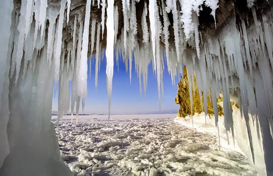 Winter on the Baikal, ice and snow on the lake. The beauty of the nature of Baikal in winter.