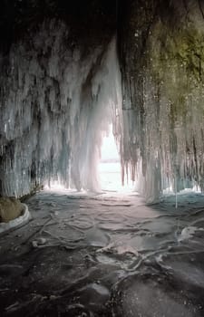 Winter on the Baikal, ice and snow on the lake. The beauty of the nature of Baikal in winter.