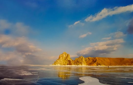 Winter on the Baikal, ice and snow on the lake. The beauty of the nature of Baikal in winter.