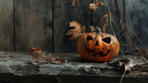 A carved pumpkin with a wide, toothy grin sits on a weathered wooden surface. Dried leaves and vines are scattered around the pumpkin, creating a spooky autumn ambiance. The background is a dark wooden fence, adding to the eerie atmosphere.