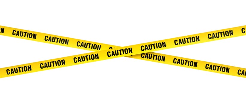Yellow and black striped caution tape crossing isolated white background