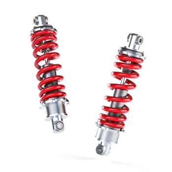 Two red shock absorbers standing white background  vehicles part. 3d render