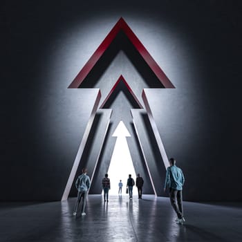Business people going through  door shaped  arrow, walking  bright light 3d