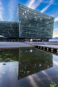 Harpa concert hall conference centre  reflecting water reykjavik, iceland